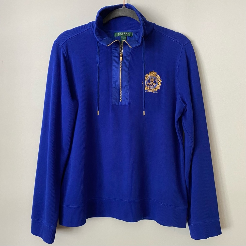 Lauren Ralph Lauren 1/4 Zip Ribbed Embroidered Emblem Blue Sweatshirt Blue Sz L